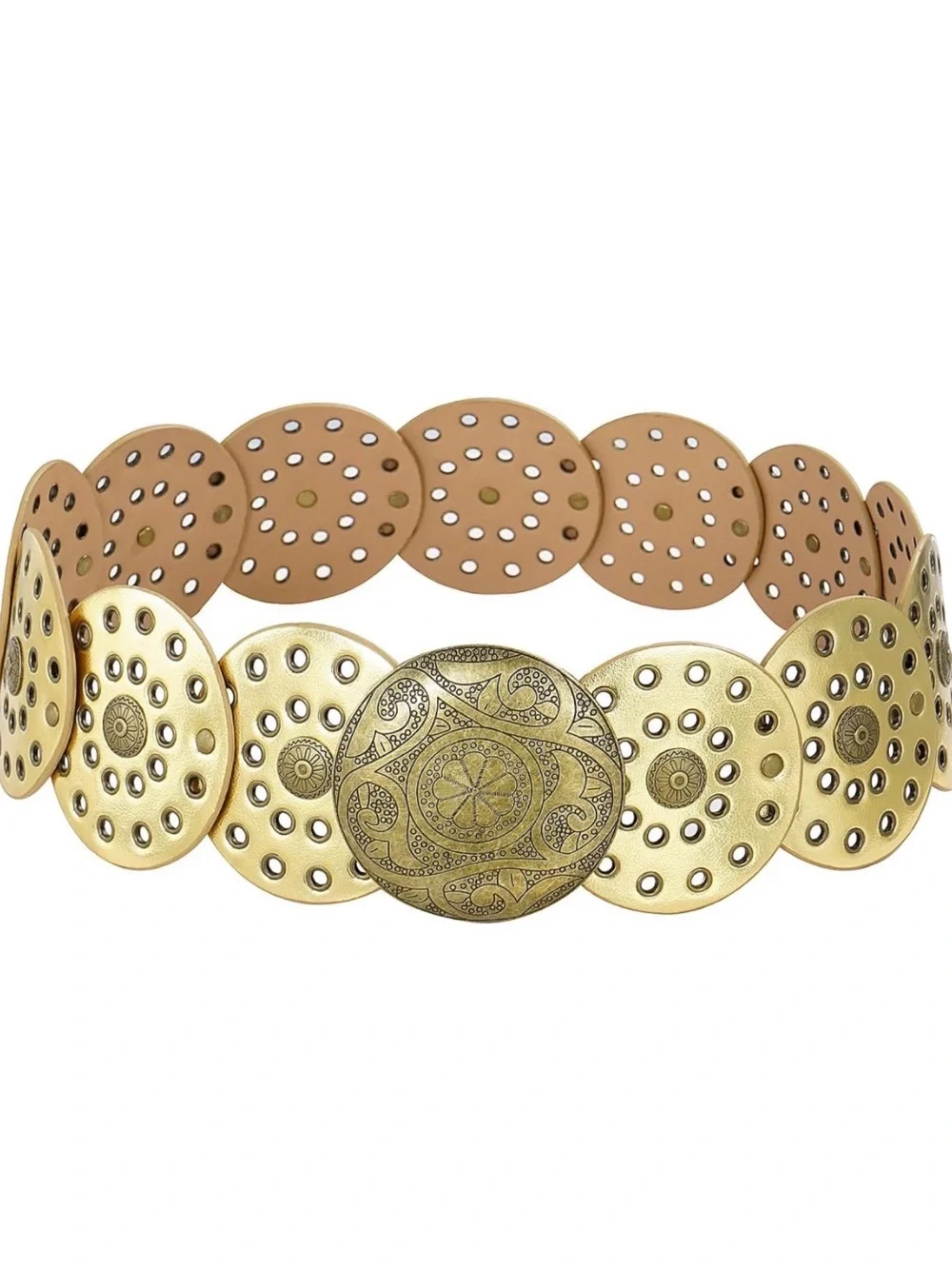 Wide Disc Belt for Women Vintage Leather Hollow Out Round Belt Western Waist Bel